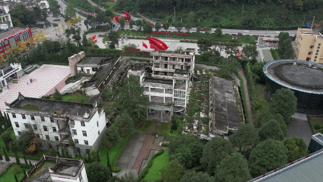 四川阿坝州512地震映秀镇映秀中学地震遗址航拍
